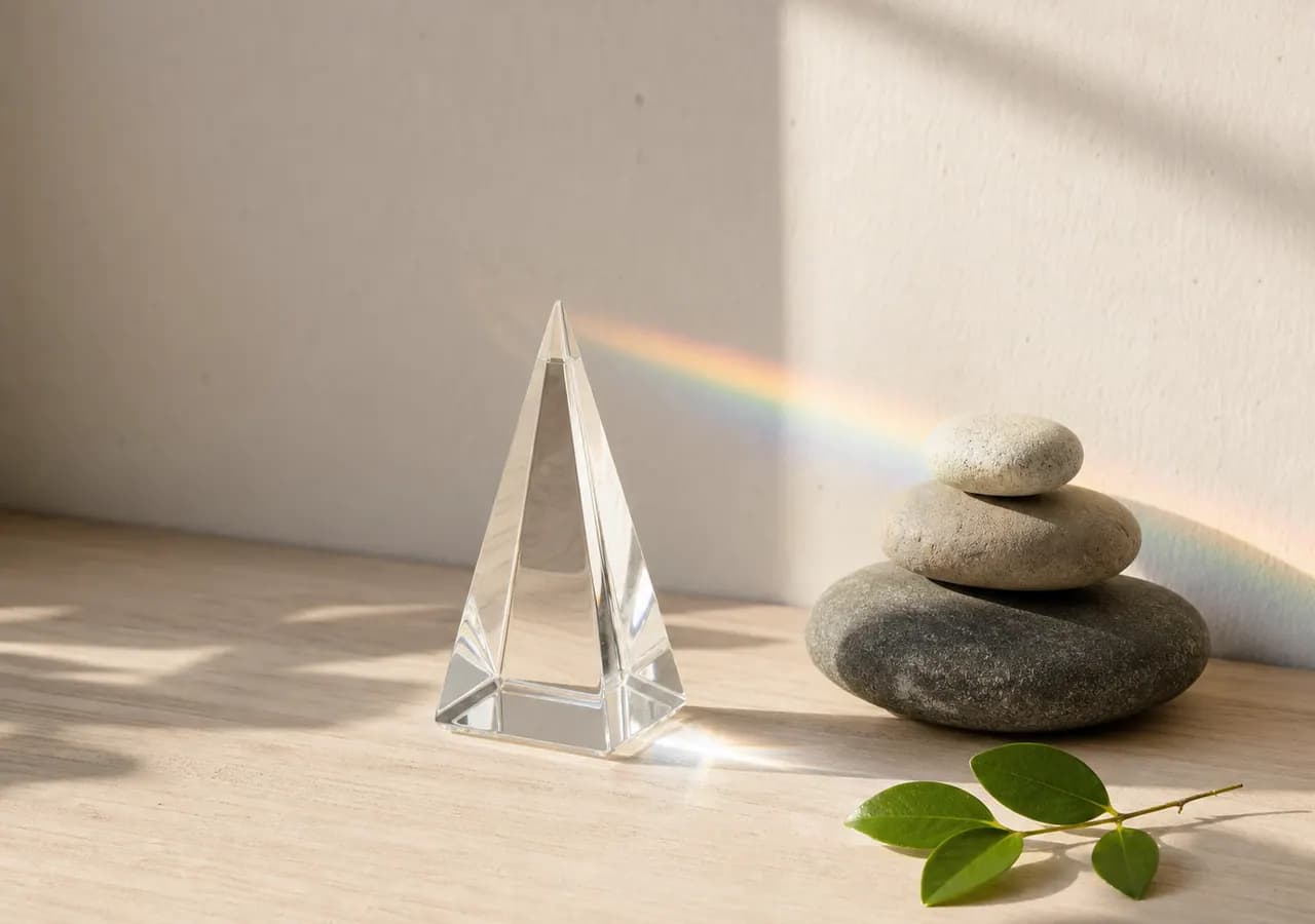 Illustrative natural light refraction beside smooth stones and leaves